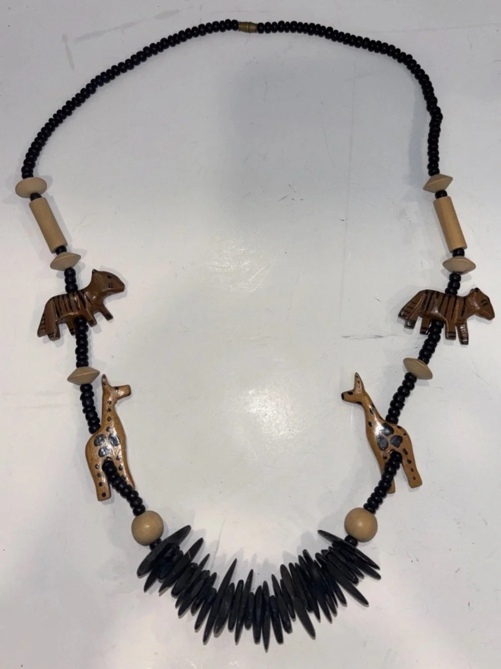Vintage Hand Painted Wood Safari Animal Necklace Giraffe Tiger Bead Folk Art 30”